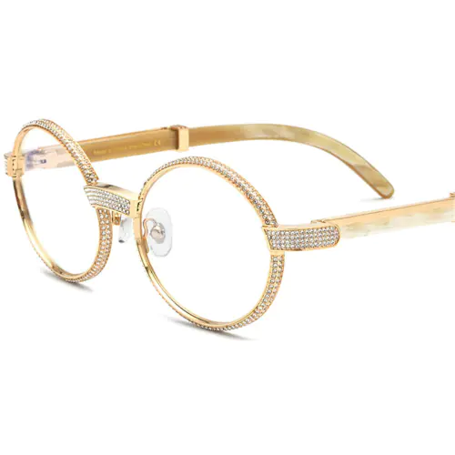 Buffalo Horn Glasses -Natural Horn Glasses - Mosaic Rhinestone - Wide Frame-White