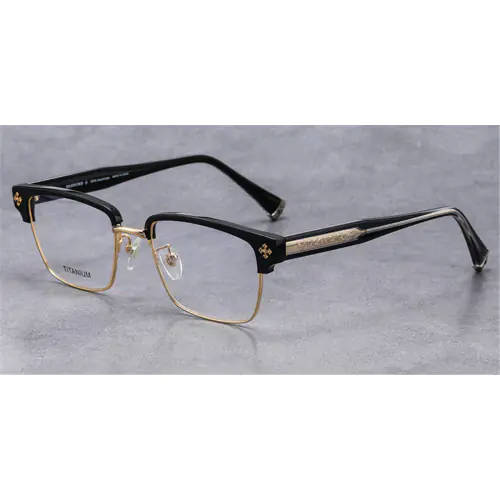 Titanium Clubmaster Horn Rimmed Clear Glasses Mens | Design for Oblong Face-Black-Gold