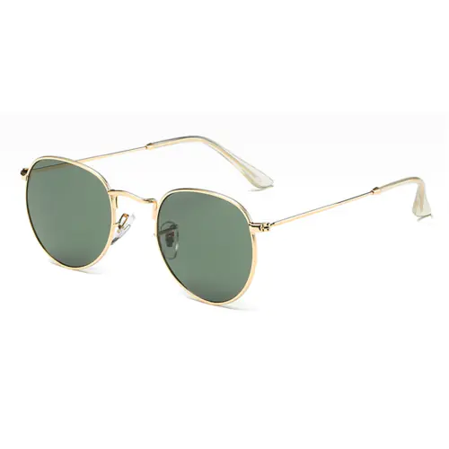 Round glasses with golden frame and flash green lenses