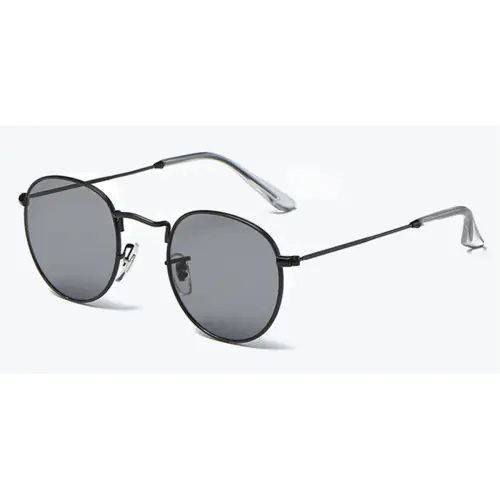 Round glasses with black metal frame and gray sunglasses lenses