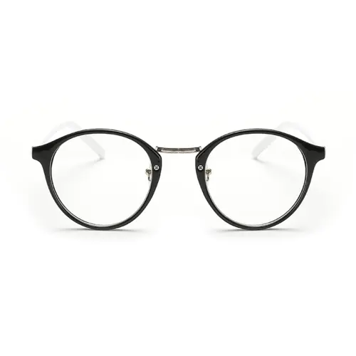 Black Browline Round Glasses for Oblong Face, White Temple