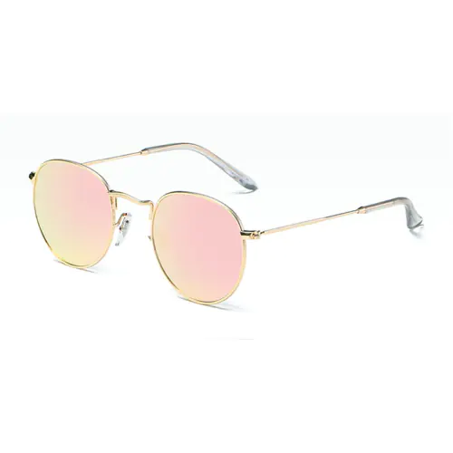 Round glasses with golden frame and pink mirrored sunglasses