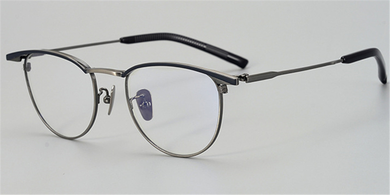 Round Browline Titanium Glasses for a Narrow Forehead -Black-Gun