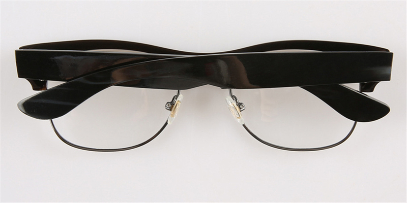  Buffalo Horn Glasses-Browline Clubmaster-Wide Temple Design-Black