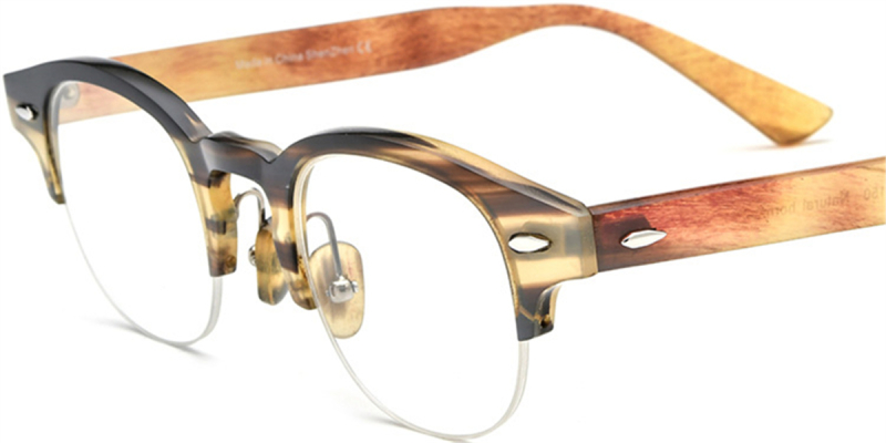  Buffalo Horn Glasses -Natural Horn Glasses -Browline -Semi Rimless Glasses-Black-Brown