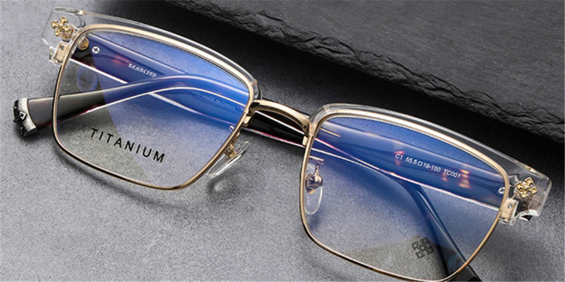 Titanium Clubmaster Horn Rimmed Clear Glasses Mens | Design for Oblong Face