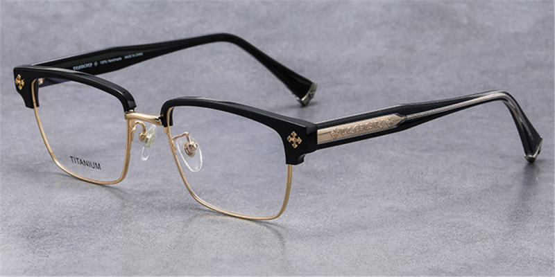 Titanium Clubmaster Horn Rimmed Clear Glasses Mens | Design for Oblong Face-Black-Gold