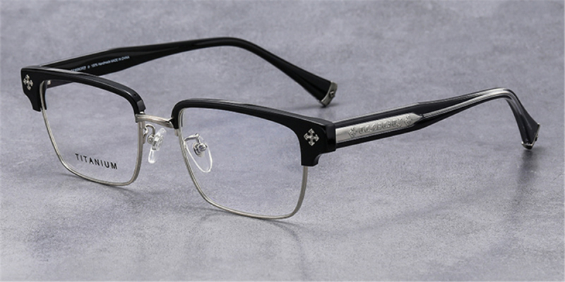 Titanium Clubmaster Horn Rimmed Clear Glasses Mens | Design for Oblong Face-Black-Silver