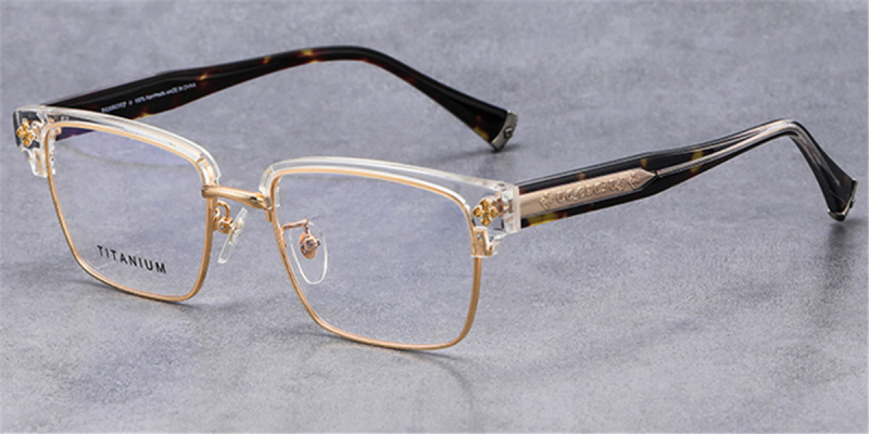 Titanium Clubmaster Horn Rimmed Clear Glasses Mens | Design for Oblong Face-Clear