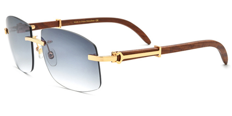 Rectangular Rimless Sunglasses for Mens. Mahogany Arms