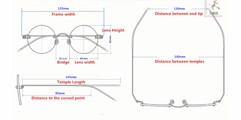 Round Glasses for Men, Manual custom made frameless glasses-size