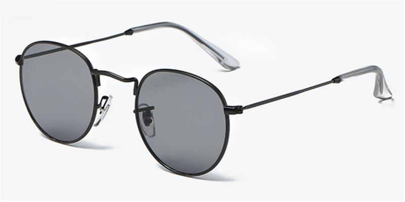 Round glasses with black metal frame and gray sunglasses lenses 