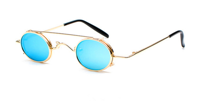 Hipster Small Sunglassess, Golden Frame, Blue Lenses