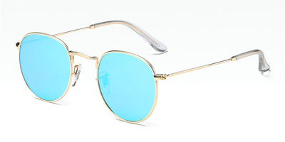 Round glasses with golden frame and mirrored blue sunglasses lenses 