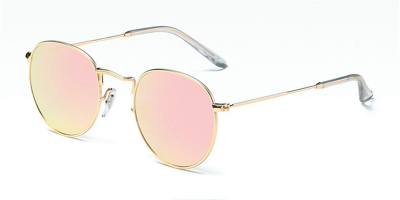 Round glasses with golden frame and pink mirrored sunglasses lenses 