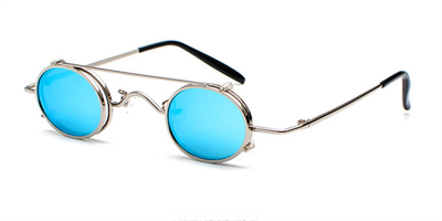 Prescription Designer Sunglasses, Silver Frame, Blue lenses