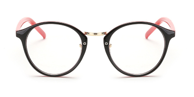 Black Browline Round Glasses for Oblong Face, Red Temple