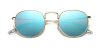 Round glasses with golden frame and mirrored blue sunglasses3