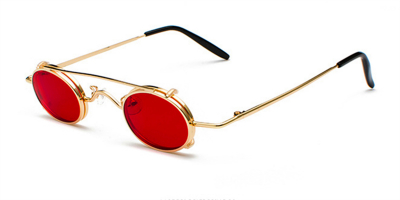 Prescription Designer Sunglasses, Golden Frame, Red lenses