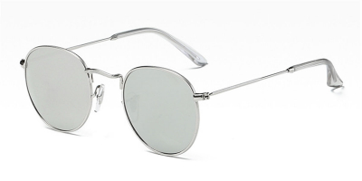 Round glasses with silver metal frame and silver flash sunglasses lenses 